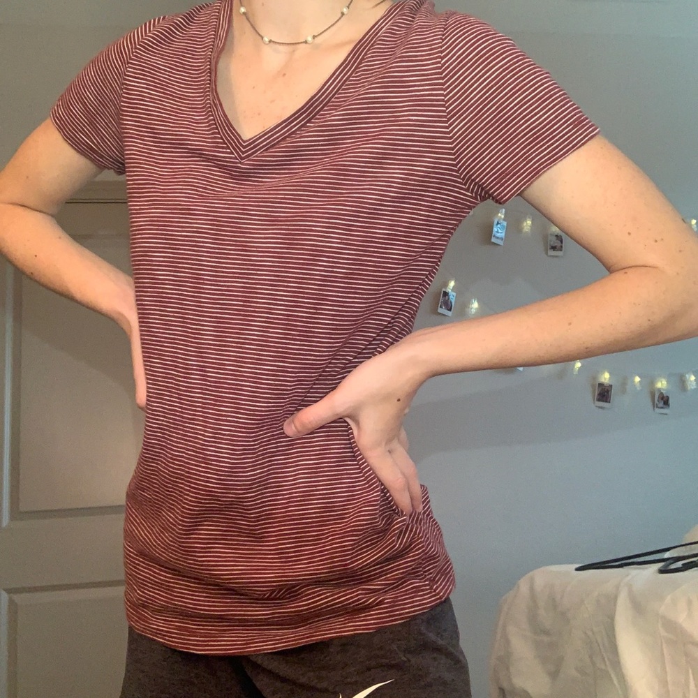 Maroon and white striped v-neck